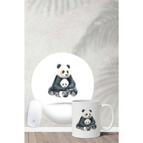 Hobi Shop Panda Ailesi Desenli Bilek Destekli Mouse Pad Kupa Seti