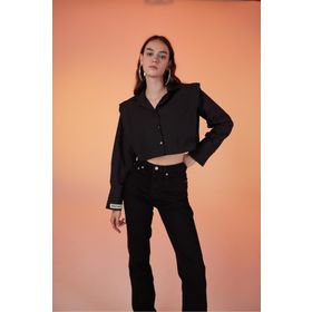 Holly Lolly HLSS23-00023 Vatkalı Poplin Tria Crop Siyah Kadın Gömlek