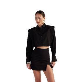 Holly Lolly HLSS23-00023 Vatkalı Poplin Tria Crop Siyah Kadın Gömlek