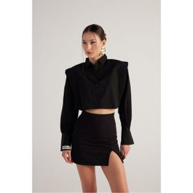 Holly Lolly HLSS23-00023 Vatkalı Poplin Tria Crop Siyah Kadın Gömlek