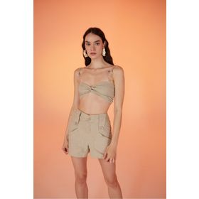 Holly Lolly HLSS23-00041 Koton Kumaş Şeffaf Rise Zincir Detaylı Bej KAdın Bluz