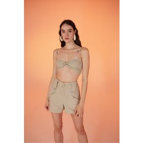 Holly Lolly HLSS23-00041 Koton Kumaş Şeffaf Rise Zincir Detaylı Bej KAdın Bluz