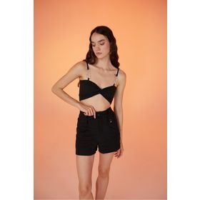 Holly Lolly HLSS23-00041 Koton Kumaş Şeffaf Rise Zincir Detaylı Siyah Kadın Bluz