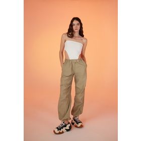 Holly Lolly HLSS23-00051 Bel ve Paçası Ayarlanabilir Lastikli Paraşüt Bej Kadın Pantolon