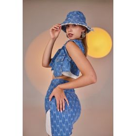 Holly Lolly HLSS23-00062 H Baskılı Asimetrik Kesim Jean Mavi Kadın Mini Etek