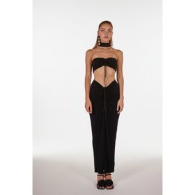 Holly Lolly HLSS23-00083 Hestia Buzzy Kumaş Yırtmaçlı Siyah Kadın Maxi Etek