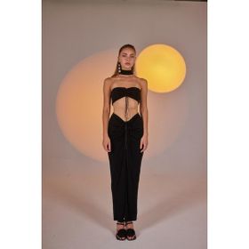 Holly Lolly HLSS23-00083 Hestia Buzzy Kumaş Yırtmaçlı Siyah Kadın Maxi Etek