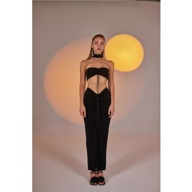 Holly Lolly HLSS23-00083 Hestia Buzzy Kumaş Yırtmaçlı Siyah Kadın Maxi Etek
