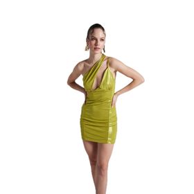 Holly Lolly HLSS23-00099 Tek Omuz Detaylı Parlak Mini Thea Yeşil Kadın Elbise