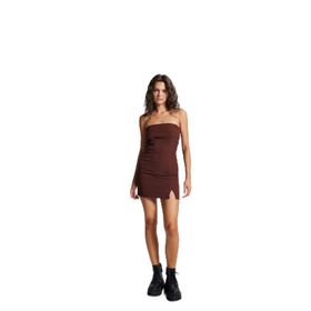 Holly Lolly HLSS23-00111 Soit Mini Boy Yırtmaçlı Straplez Kahverengi Kadın Elbise