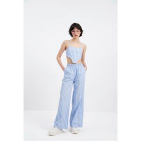 Holly Lolly HLSS24-00021 Harmony Poplin Beli Lastikli Çizgili Mavi Kadın Pantolon
