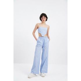 Holly Lolly HLSS24-00021 Harmony Poplin Beli Lastikli Çizgili Mavi Kadın Pantolon