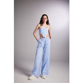 Holly Lolly HLSS24-00021 Harmony Poplin Beli Lastikli Çizgili Mavi Kadın Pantolon
