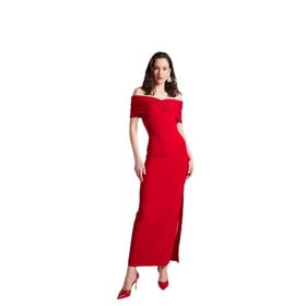 Holly Lolly HLSS24-00035 Leila Madonna Yaka Yırtmaçlı Kırmızı Kadın Uzun Elbise