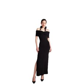 Holly Lolly HLSS24-00035 Leila Madonna Yaka Yırtmaçlı Siyah Kadın Uzun Elbise
