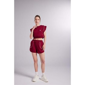 Holly Lolly HLSS24-00044 Rhode Beli Lastikli Kontrast Dikişli Mini Bordo Kadın Şort