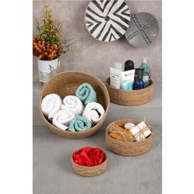 HOMENIVA Naturel Beyaz Şeritli 4 Boy Hasır Sepet Banyo Organizer