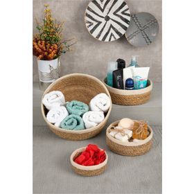 HOMENIVA Naturel Beyaz Şeritli 4 Boy Hasır Sepet Banyo Organizer