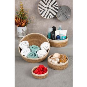 HOMENIVA Naturel Beyaz Şeritli 4 Boy Hasır Sepet Banyo Organizer