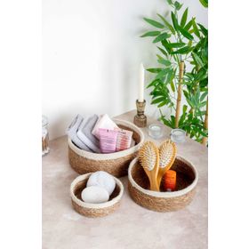 HOMENIVA Naturel Beyaz Şeritli 4 Boy Hasır Sepet Banyo Organizer
