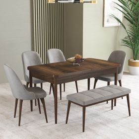 Hoopsii 4 Sandalye 1 Bench Gri Ikon Barok Desen 80X132 cm Mdf Açılabilir Mutfak Masası Takımı