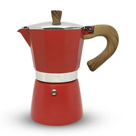 Horecamark Kırmızı Renk Ahşap Kulp Aluminyum Moka Pot 6 Kupa