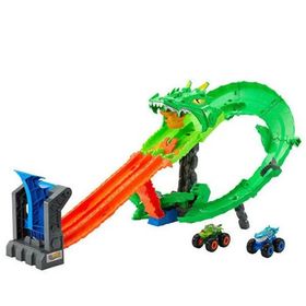 Hot Wheels JFR06 Monster Trucks Köpek Balığı ve Dinozor Korkunç Ejderhaya Karşı Oyun Seti