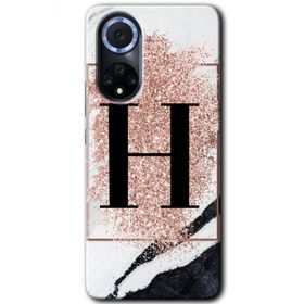Huawei Nova 9 Pembe Mermer Desenli H Harfi Baskılı Uyumlu Silikon Kılıf