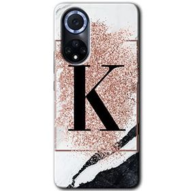 Huawei Nova 9 Pembe Mermer Desenli K Harfi Baskılı Uyumlu Silikon Kılıf