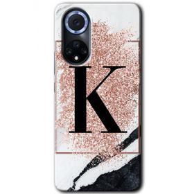 Huawei Nova 9 Pembe Mermer Desenli K Harfi Baskılı Uyumlu Silikon Kılıf