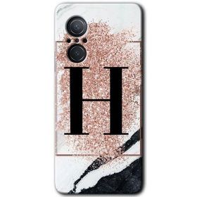 Huawei Nova 9 SE Pembe Mermer Desenli H Harfi Baskılı Uyumlu Silikon Kılıf