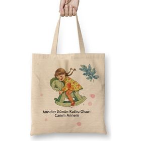 Humuts Anneler Günü Annelere Hediye 019 Bez Uzun Saplı Açık Bej Rengi Çanta