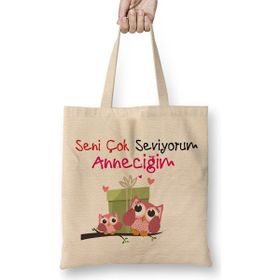 Humuts Anneler Günü Annelere Hediye 028 Bez Uzun Saplı Açık Bej Rengi Çanta