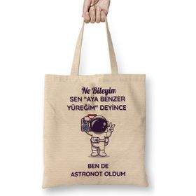 Humuts Aya Benzer Yüreğim Bez Uzun Saplı Açık Bej Rengi Çanta
