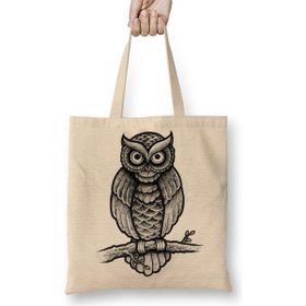 Humuts Baykuş Drawing Çizim Hayvan Animal Owl Simple Pet Bez Uzun Saplı Açık Bej Rengi Çanta