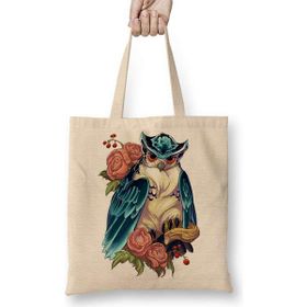 Humuts Baykuş Hayvan Owl Colour Drawing Çizim Bez Uzun Saplı Açık Bej Rengi Çanta