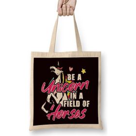 Humuts Be Unicorn in Field of Horses Magic Fantasy Motivation Uzun Saplı Açık Bej Bez Çanta