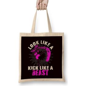 Humuts Beauty Kickboxing Beast Kickboxer Girl Fighter Martial Arts Uzun Saplı Açık Bej Bez Çanta
