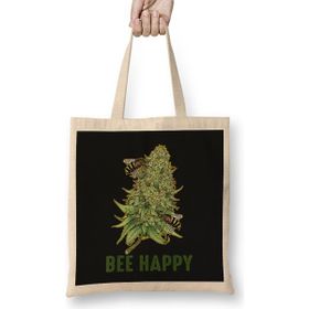 Humuts Bee Happy Cannabis Weed Marijuana Uzun Saplı Açık Bej Bez Çanta