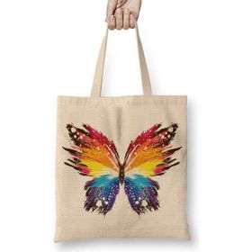 Humuts Butterfly Renkli Soyut Kelebek Bez Uzun Saplı Açık Bej Rengi Çanta