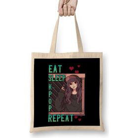 Humuts Cute Eat Sleep K-Pop Repeat Korean Music Kpop Girl Uzun Saplı Açık Bej Bez Çanta