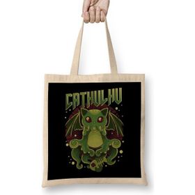 Humuts Cute Funny Cathulhu Kawaii Cat Cthulhu Uzun Saplı Açık Bej Bez Çanta
