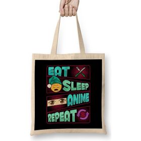 Humuts Cute Funny Eat Sleep Anime Repeat Anime Lover Uzun Saplı Açık Bej Bez Çanta