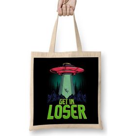Humuts Cute Funny Get in Loser Ufo Aliens Spaceship Uzun Saplı Açık Bej Bez Çanta