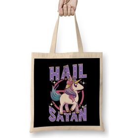 Humuts Cute Funny Hail Satan Unicorn Satanic Metal Pun Uzun Saplı Açık Bej Bez Çanta