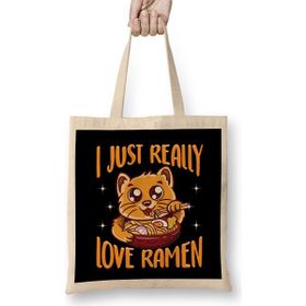 Humuts Cute Funny I Just Really Love Ramen Anime Cat Uzun Saplı Açık Bej Bez Çanta