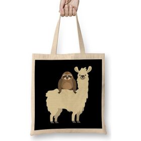 Humuts Cute Funny Sloth Riding Llama Uzun Saplı Açık Bej Bez Çanta