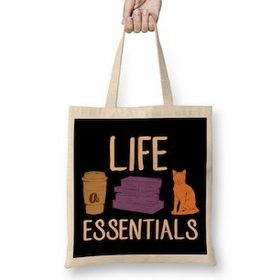 Humuts Cute Life Essentials Are Coffee, Books, and Cats Uzun Saplı Bez Çanta