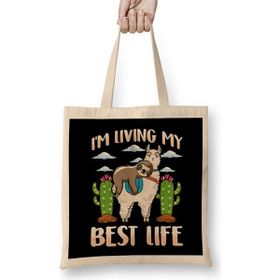 Humuts Cute Sloth & Llama Living My Best Life Sleepy Lazy Açık Bej Uzun Saplı Bez Çanta