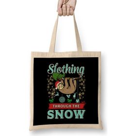 Humuts Cute Slothing Through The Snow Christmas Sloth Açık Bej Uzun Saplı Bez Çanta